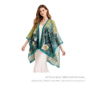 Cocoon House Silk Floral Kimono O/S Teal Fairycore Art Cover Up